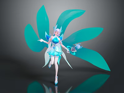 Elegant Fantasy Woman With Flowing Blue Wings White Blue Outfit Holding Small Item 3d model