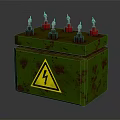 Green Rusted High Voltage Warning Box With Yellow Lightning Sign And Red Metal Components