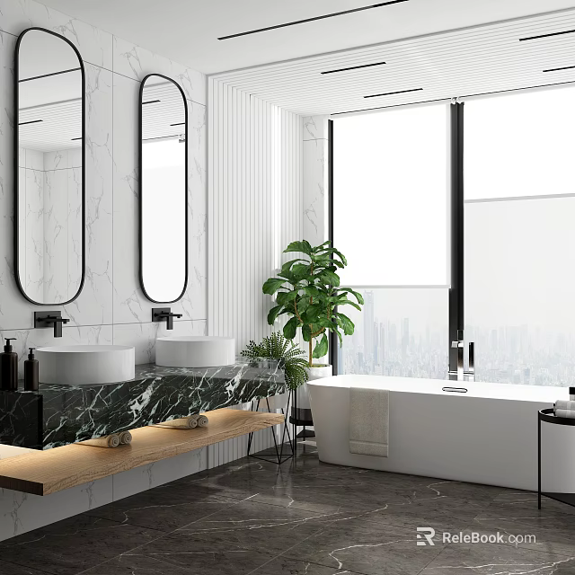 Modern Bathroom With Double Sinks Marble Countertop Large Window City View White Bathtub Green Plants 3d model 