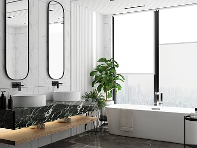 Modern Bathroom With Double Sinks Marble Countertop Large Window City View White Bathtub Green Plants 3d model