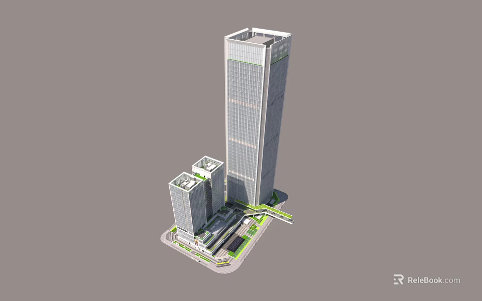 Modern Office Building Complex With Two Tall Glass Towers And Landscaped Base 3d model 