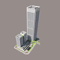 Modern Office Building Complex With Two Tall Glass Towers And Landscaped Base
