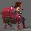 Red Haired Girl Sitting On Pink Robot Creature With Mechanical Details And Green Grass