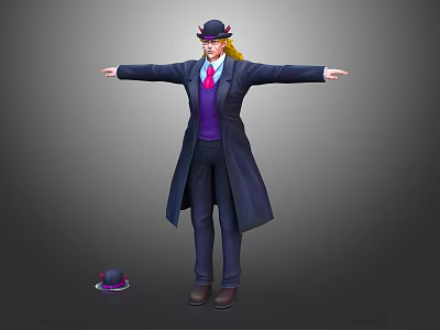 Human Character In Dark Blue Coat Purple Vest Red Tie Arms Outstretched With Small Hat Nearby 3d model