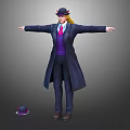 Human Character In Dark Blue Coat Purple Vest Red Tie Arms Outstretched With Small Hat Nearby