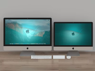 Apple iMac Desktop Computers Setup with Keyboard Mouse on Wooden Table Gray Wall 3d model