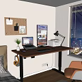 Wooden Adjustable Height Desk With Laptop Monitor Printer Lamp Smartphone And Potted Plant