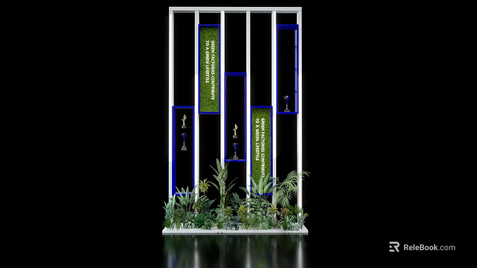 Technology Exhibition Hall Featuring White Frames Blue Lines Green Signage Exhibits and Bottom Plants 3d model 