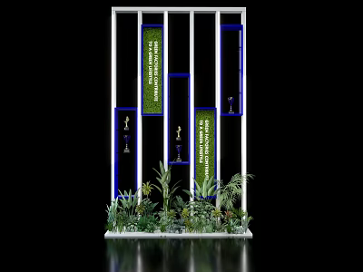 Technology Exhibition Hall Featuring White Frames Blue Lines Green Signage Exhibits and Bottom Plants 3d model