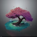 Stylized Pink Flower Tree With Lush Blossoms On Blue Ground And Floating Petals