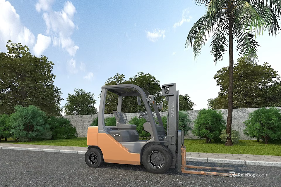Outdoor Functional Forklift Parked Near Green Trees Palm Tree And Grass By Roadside 3d model 