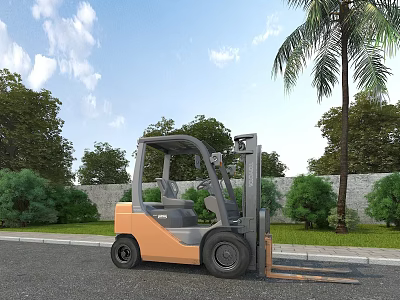 Outdoor Functional Forklift Parked Near Green Trees Palm Tree And Grass By Roadside 3d model