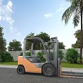 Outdoor Functional Forklift Parked Near Green Trees Palm Tree And Grass By Roadside