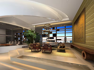 Modern Lounge Area Interior Design With Large Windows Hanging Lamps And Green Plants 3d model