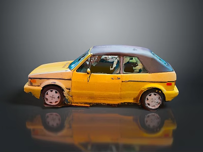 Yellow Vintage Two Door Car With Gray Roof And Reflective Black Surface 3d model