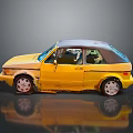 Yellow Vintage Two Door Car With Gray Roof And Reflective Black Surface
