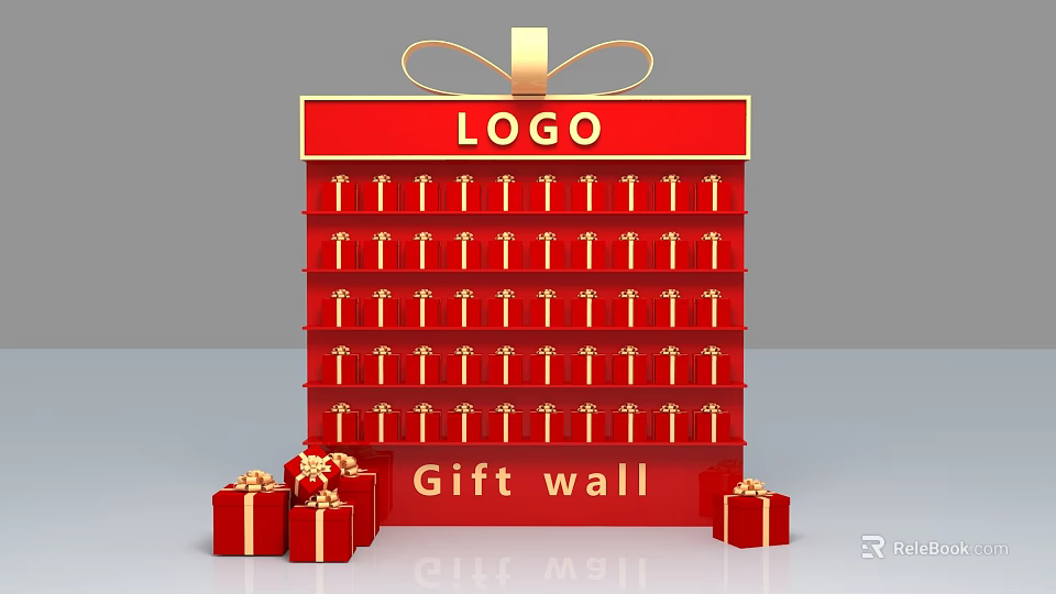 Red Gift Wall With Gold Ribbon Logo And Multiple Gift Boxes 3d model