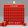 Red Gift Wall With Gold Ribbon Logo And Multiple Gift Boxes 3d model