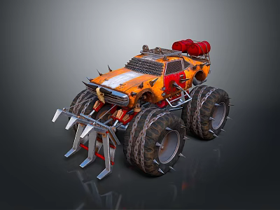Orange Modified Utility Vehicle with Large Spiked Tires Front Claw and Red Components 3d model