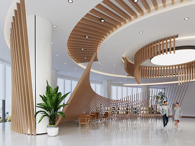 Modern Leisure Lounge Area With Curved Wooden Structures Green Plants And People In Open Space 3d model