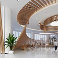 Modern Leisure Lounge Area With Curved Wooden Structures Green Plants And People In Open Space