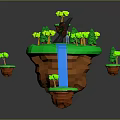 3D Fantasy Floating Island Scene With Green Grass Trees Blue Waterfall And Black Animal