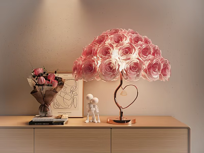 Pink Rose Shaped Table Lamp With Heart Shaped Pole On Wooden Cabinet And Flower Bouquet 3d model