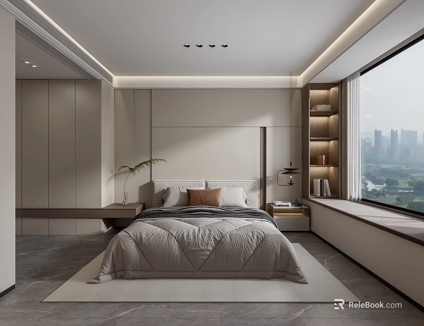 Modern Bedroom Interior With Grey Quilt Pillows Plant Large Window And City View 3d model 