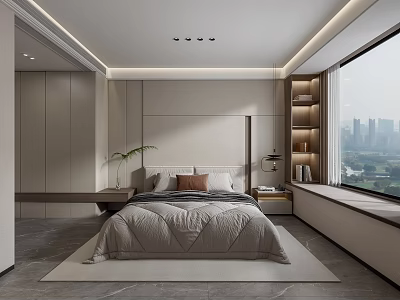 Modern Bedroom Interior With Grey Quilt Pillows Plant Large Window And City View 3d model