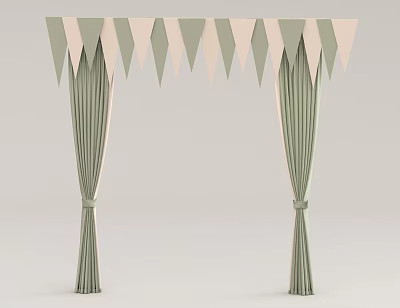 Light Green And Beige Curtains With Triangular Top Decoration Hanging And Tied Bottom 3d model