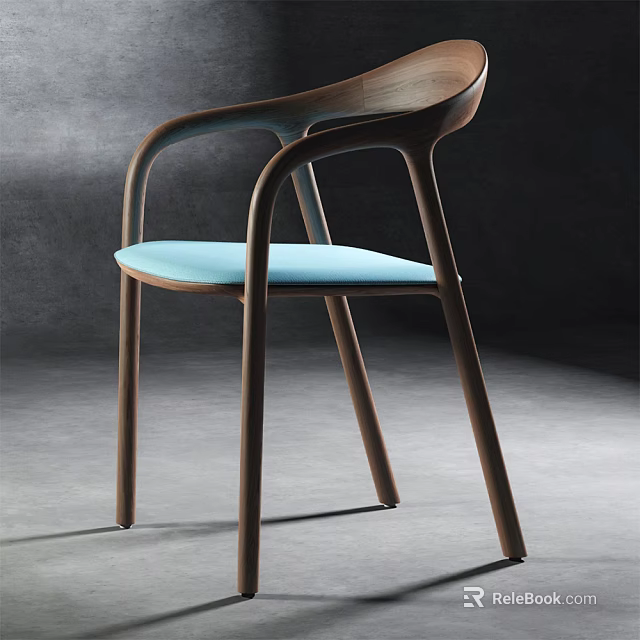 Modern Armchair With Walnut Wooden Frame And Light Blue Upholstered Seat Design 3d model 
