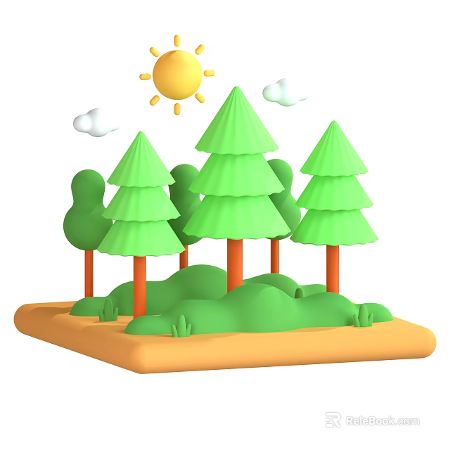 Garden Landscape With Green Trees Orange Trunks Rolling Green Terrain Sun And White Clouds 3d model 