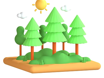 Garden Landscape With Green Trees Orange Trunks Rolling Green Terrain Sun And White Clouds 3d model