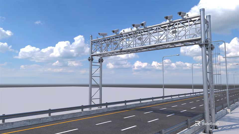Road Infrastructure Featuring Overhead Metal Gantry Multiple Traffic Cameras On Highway With Guardrails 3d model 