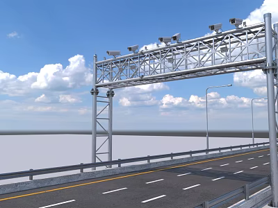 Road Infrastructure Featuring Overhead Metal Gantry Multiple Traffic Cameras On Highway With Guardrails 3d model