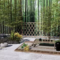 Zen Courtyard Garden with Bamboo Grove Lattice Fence Yellow Flowers and Raked Gravel