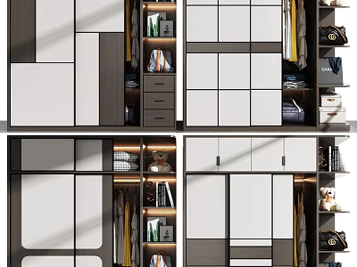 Modern Wardrobe Design with Sliding Glass Doors and Multiple Storage Compartments Shelves 3d model