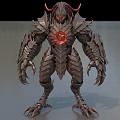Mythical Fantasy Game And Movie Character With Armored Body Red Glowing Core Horns And Claws