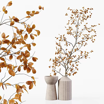 Modern Decorative Ornament Set with Golden Leaf Branches in Ceramic Vases 3d model