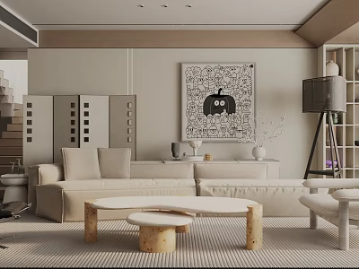 Modern Living Room Interior With Beige Sofa Wooden Coffee Tables Abstract Painting And Floor Lamp 3d model