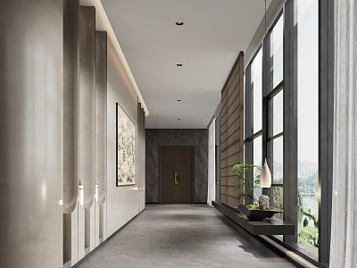 Modern Corridor With Large Windows Artwork And Plants 3d model