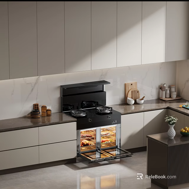 Modern Kitchen Interior Design With Marble Countertop Stainless Steel Stove Oven And Cabinets 3d model 