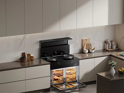 Modern Kitchen Interior Design With Marble Countertop Stainless Steel Stove Oven And Cabinets 3d model