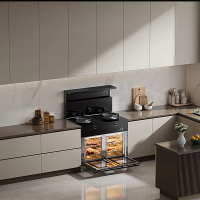 Modern Kitchen Interior Design With Marble Countertop Stainless Steel Stove Oven And Cabinets 3d model