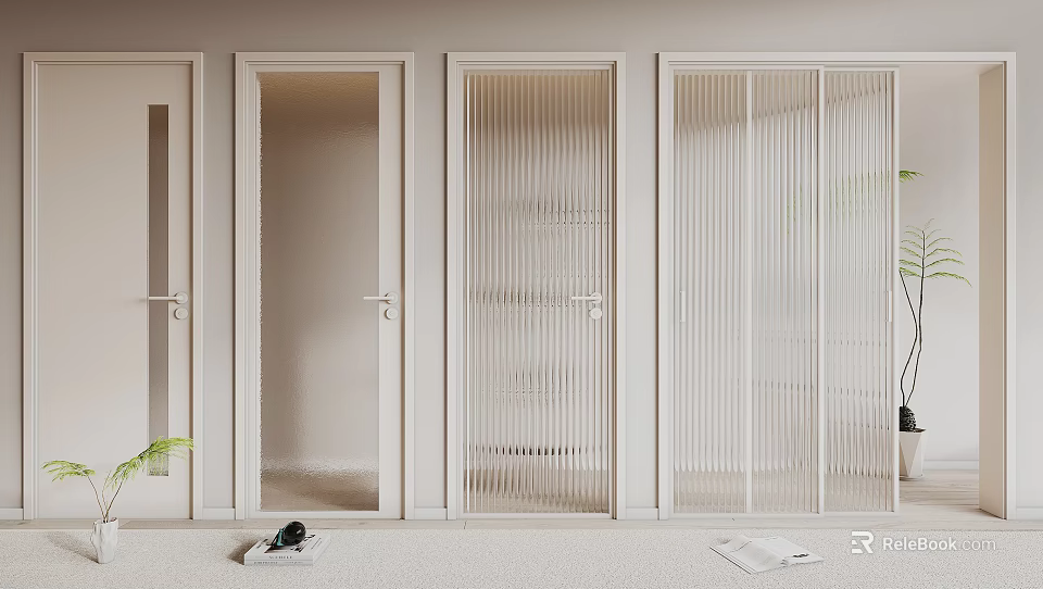 Modern Minimalist White Hinged Doors With Vertical Slats Glass Interior Design 3d model 