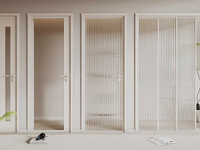 Modern Minimalist White Hinged Doors With Vertical Slats Glass Interior Design 3d model