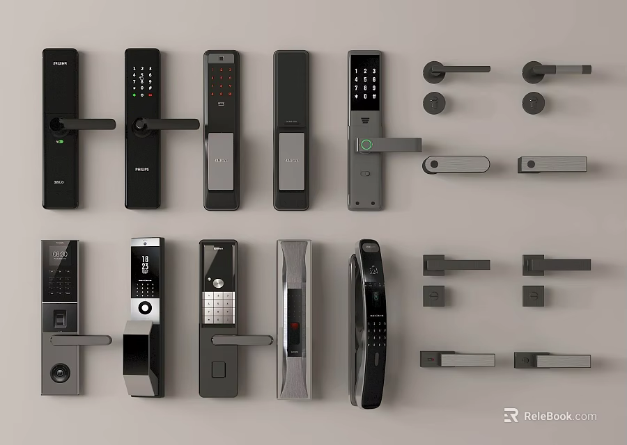 Modern Smart Door Handles With Digital Keypads And Various Designs Showcased On Light Background 3d model 