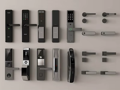 Modern Smart Door Handles With Digital Keypads And Various Designs Showcased On Light Background 3d model