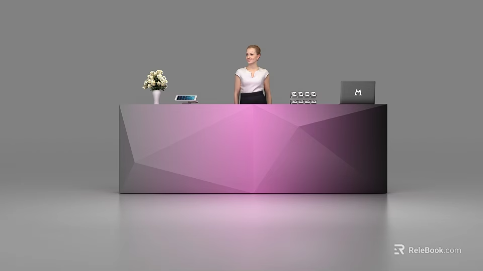 Geometric Purple Gradient Reception Desk With Flower Vase Tablet And Female Receptionist 3d model 