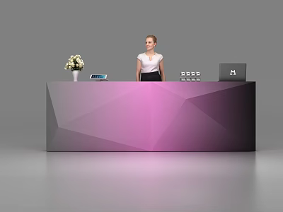 Geometric Purple Gradient Reception Desk With Flower Vase Tablet And Female Receptionist 3d model